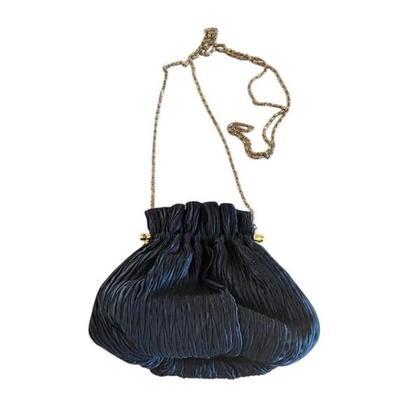Vanessa Paris-New York-London Black Pleated Satin Evening Bag with Chain Strap - Picture 1 of 4